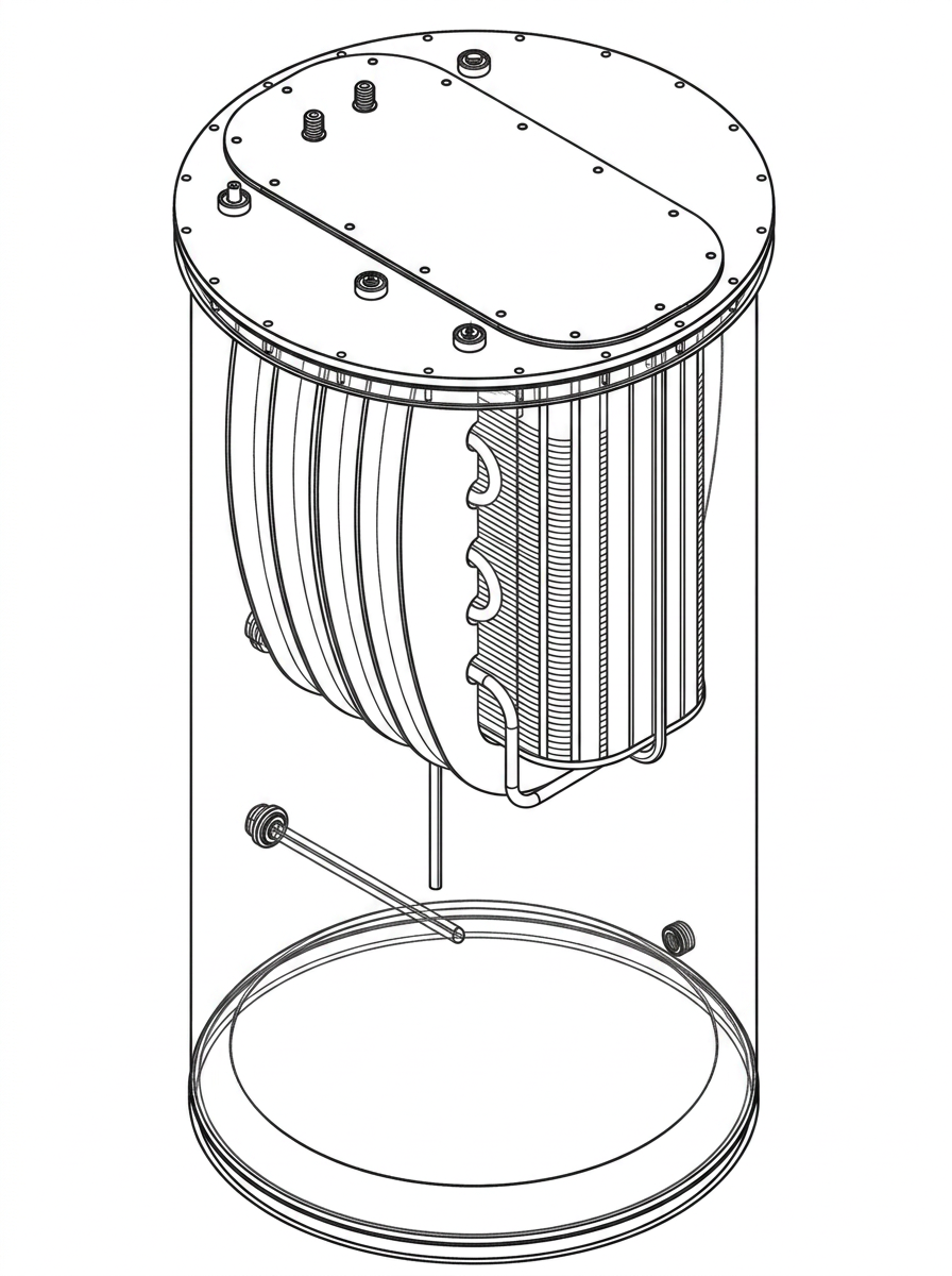 Technical drawing: a water tank with a sealed heat-exchanger module immersed in the top of the tank